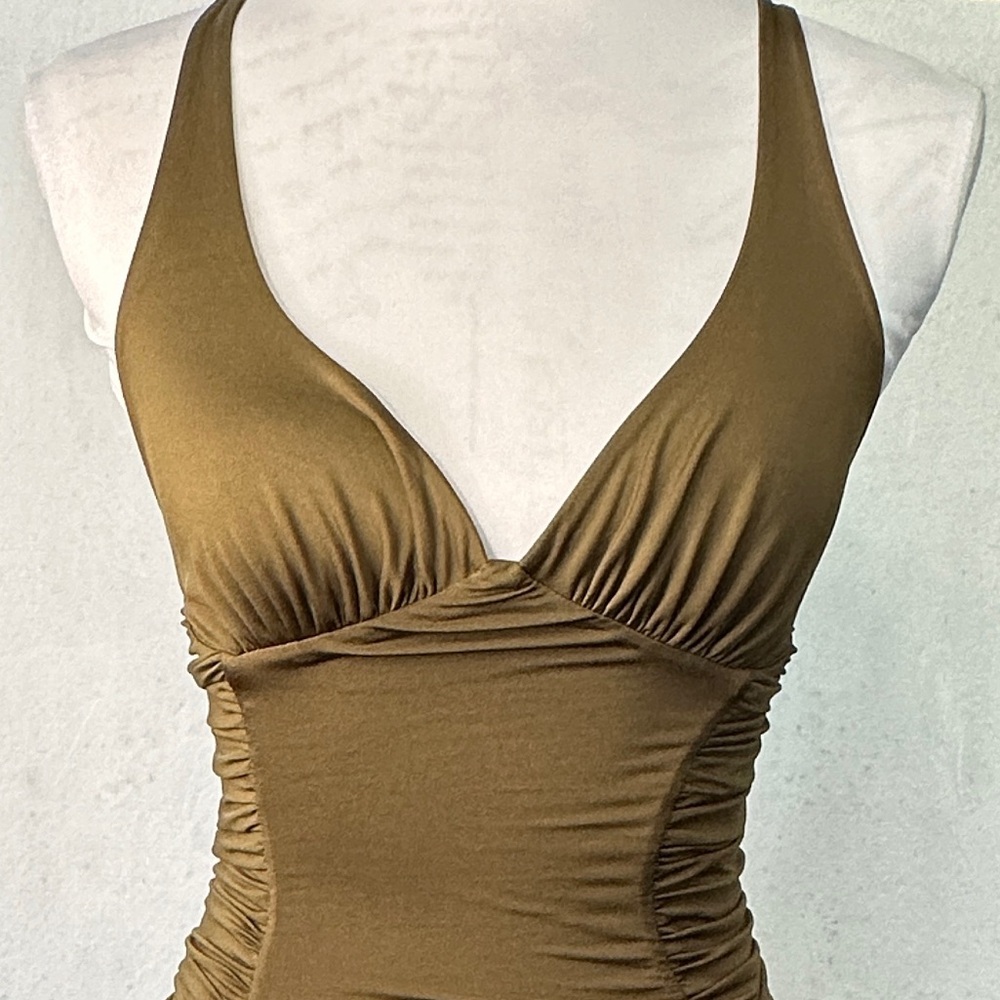 Oh Polly Cinched Low Cut Body Con Mini‎ Dress Olive Green Criss Cross Back